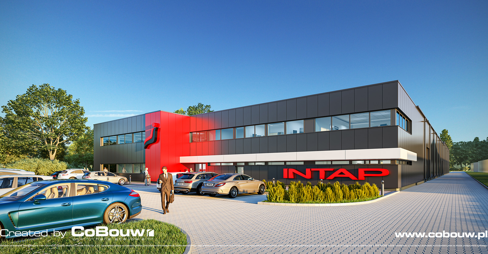 visualisatie van de Intap-investering, algemeen beeld - de bouw van een procukcyjno-magazijnhal met een kantoorgebouw in Bukowiec, łódzkie voivodship