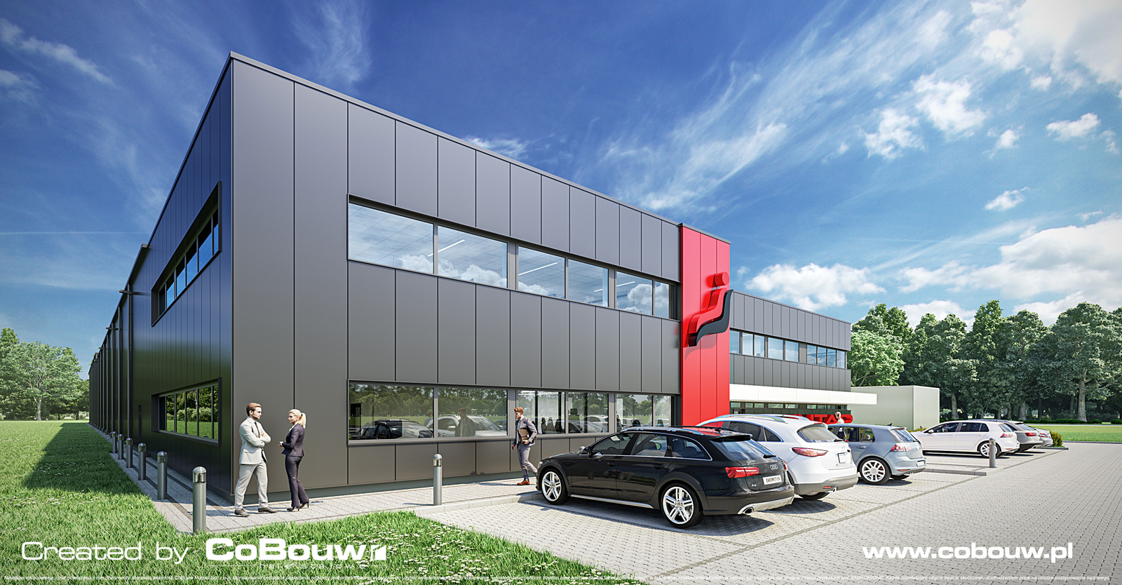 visualisatie van het Intap-gebouw - hal met kantoorgebouw, hoofdaannemer CoBouw Polska, Bukowiec, provincie łódzkie